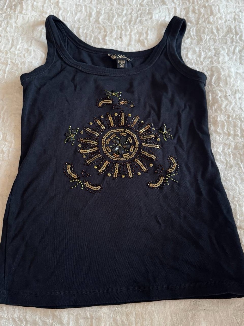 Embellished Black Tank Top with Sunburst Beadwork